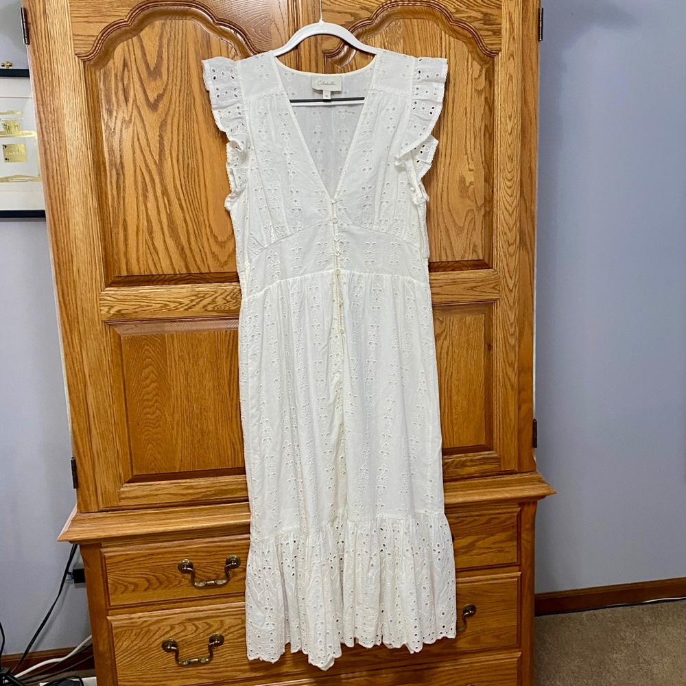 Cleobella Brielle White Eyelet Midi Dress XL 100% Organic Cotton Ruffle‎ V-Neck